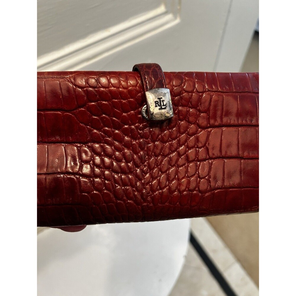 Lauren Ralph Lauren Bifold Wallet Vintage Burgundy Embossed Leather Silver Logo